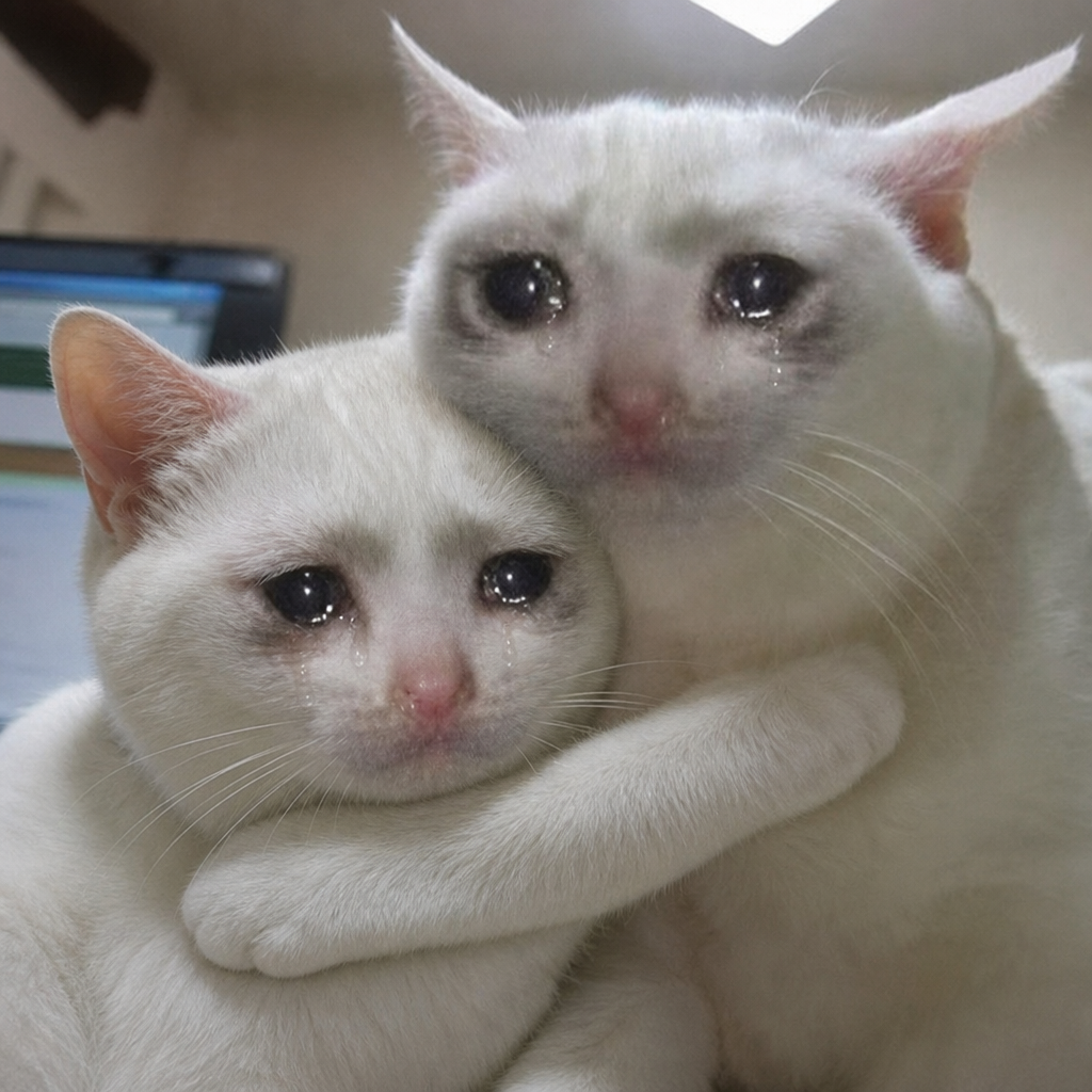 Two crying cats hugging